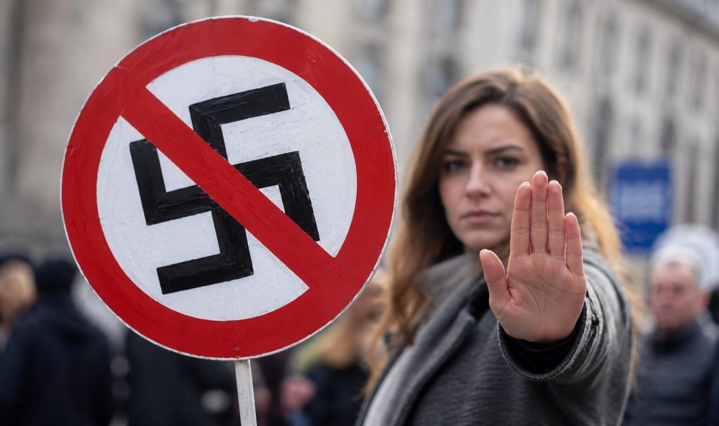 Žena na protestu drži znak zabrane nacističke simbolike i šalje jasnu poruku protiv ekstremizma, mržnje i diskriminacije.