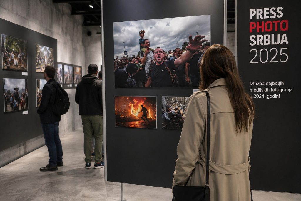 Posetioci razgledaju izložbu Press Photo Srbija 2025 sa najboljim medijskim fotografijama godine u galerijskom prostoru u Beogradu.